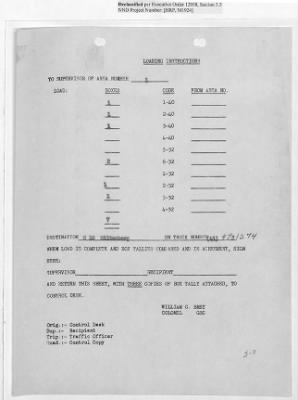 Thumbnail for Records Relating to Operations "Birddog" and "Doorknob" > Loading Instructions, Traffic Officer Copy: Second Allocation (Third Day)