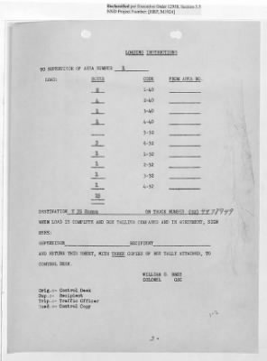 Thumbnail for Records Relating to Operations "Birddog" and "Doorknob" > Loading Instructions, Traffic Officer Copy: Second Allocation (Third Day)