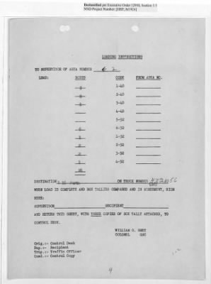 Thumbnail for Records Relating to Operations "Birddog" and "Doorknob" > Loading Instructions, Traffic Officer Copy: Second Allocation (Third Day)