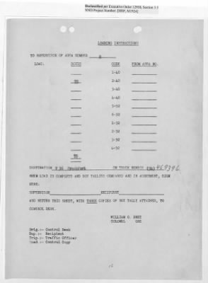 Thumbnail for Records Relating to Operations "Birddog" and "Doorknob" > Loading Instructions, Traffic Officer Copy: Second Allocation (Third Day)