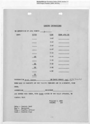 Thumbnail for Records Relating to Operations "Birddog" and "Doorknob" > Loading Instructions, Traffic Officer Copy: Second Allocation (Third Day)