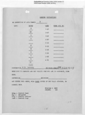 Thumbnail for Records Relating to Operations "Birddog" and "Doorknob" > Loading Instructions, Traffic Officer Copy: Second Allocation (Third Day)