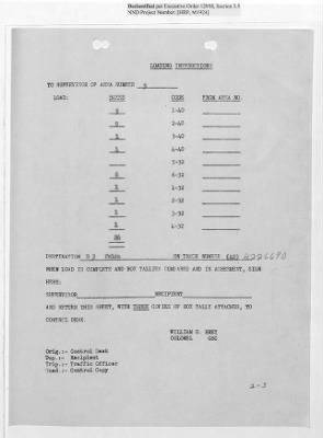 Thumbnail for Records Relating to Operations "Birddog" and "Doorknob" > Loading Instructions, Traffic Officer Copy: Second Allocation (Third Day)