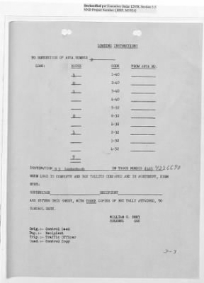 Thumbnail for Records Relating to Operations "Birddog" and "Doorknob" > Loading Instructions, Traffic Officer Copy: Second Allocation (Third Day)