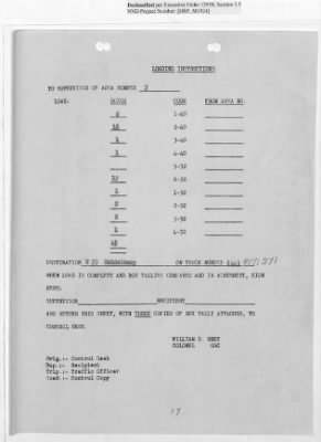 Thumbnail for Records Relating to Operations "Birddog" and "Doorknob" > Loading Instructions, Traffic Officer Copy: Second Allocation (Third Day)