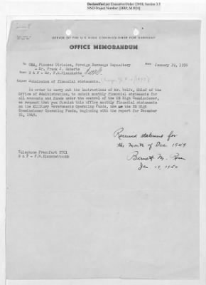 Thumbnail for Records Relating to Operations "Birddog" and "Doorknob" > Office of Military Government U.S. [Omgus] Account No. 10/1973:Monthly Reports