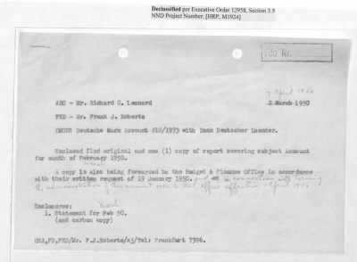 Thumbnail for Records Relating to Operations "Birddog" and "Doorknob" > Office of Military Government U.S. [Omgus] Account No. 10/1973:Monthly Reports