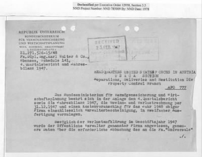 Thumbnail for Reports on Trusteeships > Sch 141a Dipl. Ing. C. Walter & Co.: Correspondence