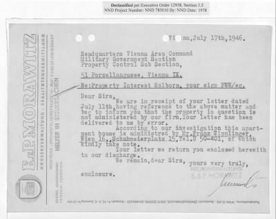 Thumbnail for Cases and Reports Pertaining to Property Administered by the Vienna Area Command (VAC) > PC/V/II/104 William And Irene Holborn