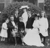 Thumbnail for Pres. and Mrs. Theodore Roosevelt seated on lawn, surrounded by their family