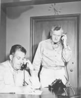 General Leslie Groves (left) and Brig. Gen. Thomas F. Farrell, 1945