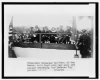 Thumbnail for Sec. of War Weeks, President Coolidge, Mrs. Coolidge, General Pershing, and Maj. Gen. John L. Hines on reviewing stand..jpg