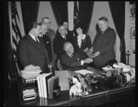 Thumbnail for L TO R- JOSEPH H. BIBEN, EDITOR AND PUBLISHER OF AMERICAN HEBREW; REP. EMMANUEL CELLER OF NY; PROF. DANIEL CASEY OF GEORGETOWN UNIVERSITY; DR. MEYER JACOBSTEIN OF MEDAL AWARD COMMITTEE; ALLAN DINABURG; MRS. MAURICE GOLDMAN, AND GEN. HUGH S. JOHNSON.jpg