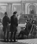Stevens (right) and John A. Bingham formally notify the Senate of Johnson's impeachment. From Harper's Weekly..jpg