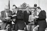 Left to right,Sam Ervin, Sam Dash, Lowell Weicker, Howard Baker, and deputy counsel Rufus Edmisten. .jpg