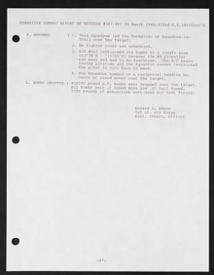 Thumbnail for Mission Reports > Narrative Combat Report, 372nd Bomb Squad, 30 Mar 1945