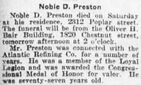 Thumbnail for Noble D. Preston Obituary, Philadelphia Evening Public Ledger, Dec. 29, 1919.png