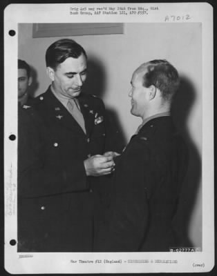 Thumbnail for Awards > Colonel William M. Gross Presents Silver Star To Lt. Chauncey Of The 91St Bomb Group, 8Th Air Force, England.  5 April 1944.