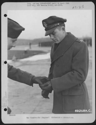 Thumbnail for Awards > Capt. W.E. Tanner Of The 350Th Fighter Squadron, 353Rd Fighter Group Is Presented The Air Medal By Lt. Colonel B. Rimerman On 30 December 1944 At An Airbase In England.