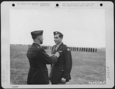 Thumbnail for Awards > Captain Wyatt Of The 339Th Fighter Group Is Presented An Award By Brig. General Murray C. Woodbury At An 8Th Air Force Station F-378 In England.  22 July 1944.