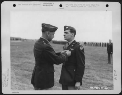 Thumbnail for Awards > Captain Ball Of The 339Th Fighter Group Is Presented An Award By Brig. General Murray C. Woodbury At An 8Th Air Force Station F-378 In England.  22 July 1944.