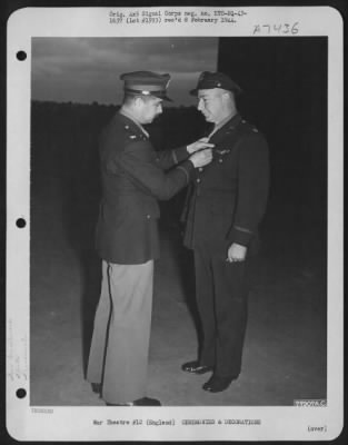 Awards > Colonel John H. Hayden, Tampa, Fla., Presents The Distinguished Service Cross To Major A.E. Key, Meridian, Miss., Of The 844Th Bomber Squadron, During A Ceremony At An Air Base At Norwich, England.  3 March 1943.