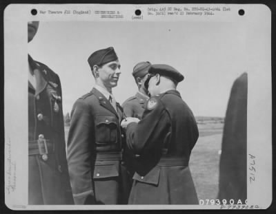 Thumbnail for Awards > 1St Lt. John R. O'Brien, Scranton, Pa., 8Th Air Force Service Command, Receives The Air Medal From Major General Henry J.F. Miller, Cg, Eight Air Force Service Command.  Hendon Airport, England.  June 1943.