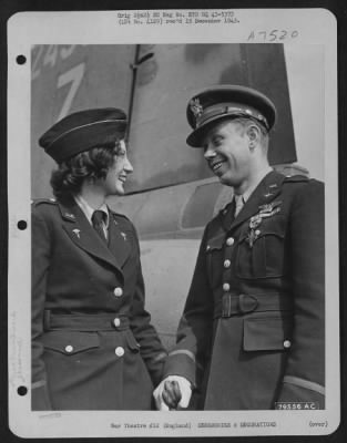 Awards > 1St Lt. Robert W. Barrell Of Berwick, Penn., Bombardier Of The Boeing B-17 'Old Bill' Is Congratulated By His Fiance, 2Nd Lt. Marion Mcclelland Of Burlington, Virginia, After He Received The Distinguished Service Cross During A Ceremony At Chelveston, Eng