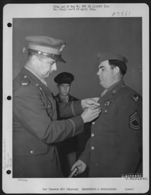 Awards > Colonel John H. Hayden Presents T/Sgt. Prince A. Martin Of Calera, Ala., A Member Of The 328Th Bomb Squadron, 93Rd Bomb Group, With The Distinguished Flying Cross During A Ceremony At Hardwick, England.  11 November 1943.