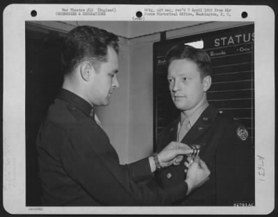 Thumbnail for Awards > Lt. Cardowick Of The 755Th Bomb Squadron, 458Th Bomb Group Is Presented The Distinguished Flying Cross During A Ceremony At An Air Base Somewhere In England.  29 November 1944.