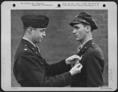 Thumbnail for Awards > 1St Lt. Koener Of The 755Th Bomb Squadron, 458Th Bomb Group Is Presented The Distinguished Flying Cross During A Ceremony At An Air Base Somewhere In England.  14 December 1944.