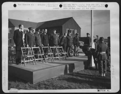 Thumbnail for Dedications > The British Ministry of Aircraft Production turns over to 8th Air force a great repair base. This base was accepted by Maj-Gen Henry J.F. Miller, Commanding General of the 8th Air force Service Command.