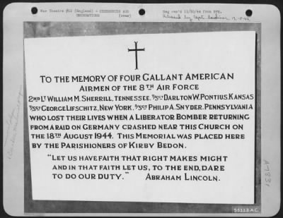 Thumbnail for Memorials & Plaques > Plaque in memory of four airmen of the 8th Air force erected by the Parishioners of Kirby Bedon, England.