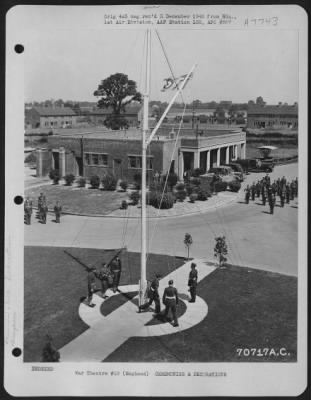 Thumbnail for Dedications > The Union Jack Waves Again Over The Raf Base At Bassingbouren, England During A Ceremony On 15 July 1945 At Which The Usaf Turned The Base Back To The British.