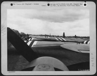 Thumbnail for General > In the few minutes before take off time, scores of Douglas C-47 transports and the gliders they will tow, loaded with airborne infantryman, are shown stacked on a 9th Troop Carrier Command field.