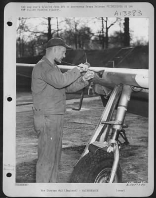 Thumbnail for General > Guns on the P-51 Mustang plane used by Capt. Don S. Gentile get a cleaning from Sgt. Leif, 416 Cedar St., Laramie, Wyoming.