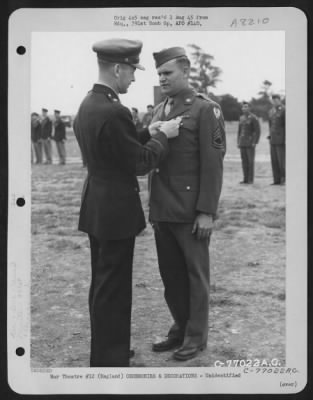 Thumbnail for Unidentified > Brig. Gen. Samuel E. Anderson Congratulates A Member Of The 391St Bomb Group On Receiving The Legion Of Merit During A Ceremony At An Air Base In England.  27 July 1944.