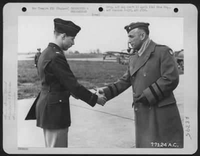 Thumbnail for Unidentified > Brig. Gen. Murray C. Woodbury Congratulates A Member Of The 353Rd Fighter Group After Presenting Him An Award During A Ceremony At An Air Base In England.  23 March 1944.