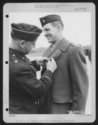 Thumbnail for Unidentified > Brig. Gen. Murray C. Woodbury Presents An Award To A Member Of The 353Rd Fighter Group During A Ceremony At An Air Base In England.  28 February 1945.