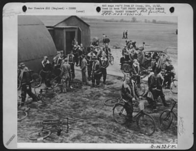 Thumbnail for Consolidated > Crew members of Boeing B-17 Flying ofrtresses of 8th Air force leaving Briefing Hut in England.