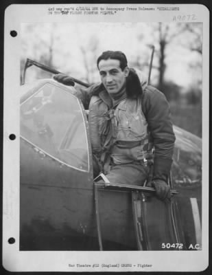 Thumbnail for Consolidated > Capt. Don S. Gentile leaves the cockpit of his North American P-51 Mustang after knocking down his 21st enemy plane. Gentile, of 539 Wayne St., Piqua is 23 years of age. As of April 1st 1944 he had a record of 22 planes to his credit, and was running