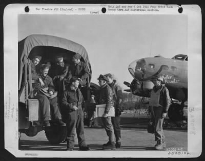 Consolidated > HOME AGAIN! Crew of the Boeing B-17 Flying ofrtress "HELEN HIWATER" climb into the truck which will carry them to operations building. 303rd Bomb Group, England. 19 April 1944.