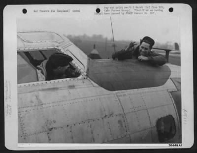 Thumbnail for Consolidated > Major Willis Taylor, (left) command pilot, of Salt Lake City, Utah, congratulated Major Charles Hudson, lead bombardier of the U.S. 8th AF 91st Bomb Group, from Bakersfield, Caliofrnia on the results of his group's bombing of the railway center