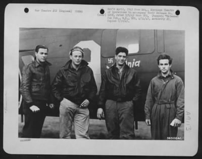 Consolidated > These are four of seven survivors of an Eighth Air force Flying ofrtress which crashed in the North Sea on its way home from a bombing mission over Germany. They are, left to right: 1st Lt. Robert F. Brubaker, Clearwater, Fla.; T/Sgt. William G.