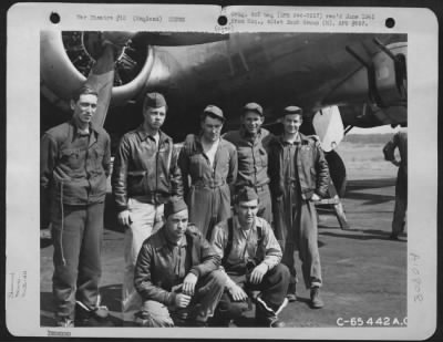 Thumbnail for General > Crew Of The 401St Bomb Group Poses In Front Of A Boeing B-17 At An 8Th Air Force Base In England.  The Group Includes' Meschke, Farmer, Larson, Guess, Priest, Pico And Manchak.