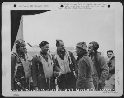 Thumbnail for General > Lt. Durward Fesmire Of The 401St Bomb Group Talks It Over With His Boeing B-17 "Flying Fortress" Crew After Returning From Their First Bombing Mission To Germany On 26 November 1943.  Pictured From Left To Right: Lt. W.E. Anderson, Capt. William Reigler,