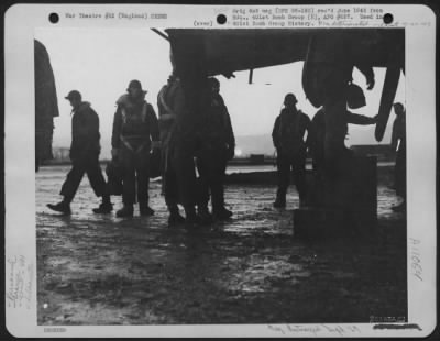 Thumbnail for General > Colonel William T. Seawell'S Crew Have Just Returned From A Successful Bombing Operation Over Germany.  They Are Awaiting A Jeep Which Will Take Them To The Interrogation Where They Will Enjoy 'Java And Sinkers' While Being Questioned.  401St Bomb Group A