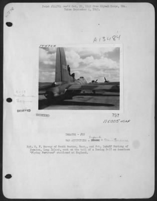 Thumbnail for General > Sgt. G.F. Murray Of South Boston, Mass., And Pvt. Ludolf Portong Of Jamaica, Long Island, Work On The Tail Of A Boeing B-17 Stationed At High Wycombe, England, As Part Of The Eighth Air Force.  4 Sept 1942.