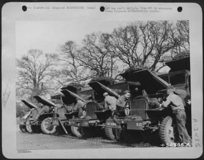 Thumbnail for Miscellaneous > Somewhere in England, the U.S. Army 9th Air force maintains a waterproofing school were soldier mechanics are taught to treat vehicles in order that they may travel through fairly deep water without stalling. Asbestos compound is applied to the motor