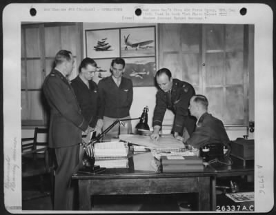 Thumbnail for General > Planning a bombing mission, target-Germany left to right:" Col. C.B.B. Bubb, Lt. Col. W.H. Cleveland, Lt. Col. Stuart Porter, Col. C.F. Fieman, Brig. Gen. N. Longfellow.